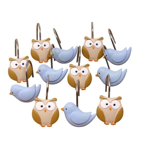 Set Of 12 Owl & Bird Shower Curtain Hooks Bathroom Decor - Picture 9 of 11